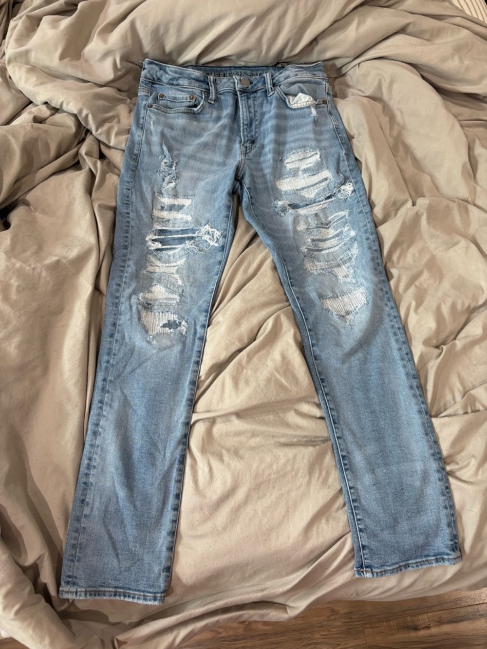 American Eagle Outfitters Light Blue Distressed Slim Flex Straight Jeans 30x30